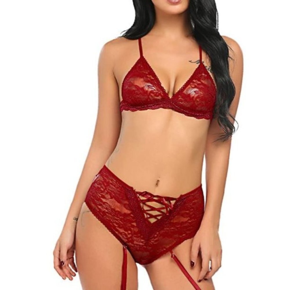 Size Small thru 2X - Garnet Bralette and Panty Set With Garters